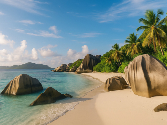 Anse Source d'Argent beach in the Seychelles with soft pink sand, granite boulders, and shallow turquoise water under palm trees and a clear blue sky.