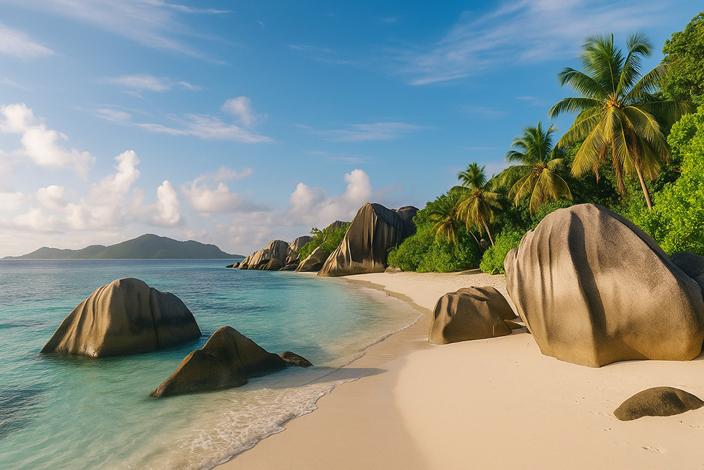 Anse Source d'Argent beach in the Seychelles with soft pink sand, granite boulders, and shallow turquoise water under palm trees and a clear blue sky.