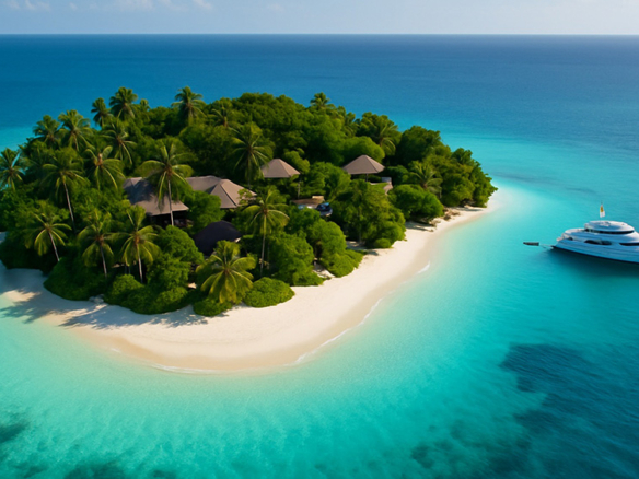 Top-down image of a tropical island with crystal-clear water, palm-fringed beaches, and luxury villas nestled in greenery, with a white yacht offshore.