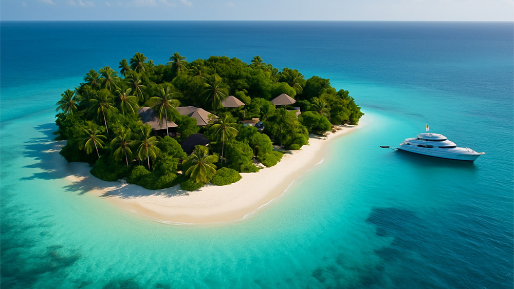 Top-down image of a tropical island with crystal-clear water, palm-fringed beaches, and luxury villas nestled in greenery, with a white yacht offshore.