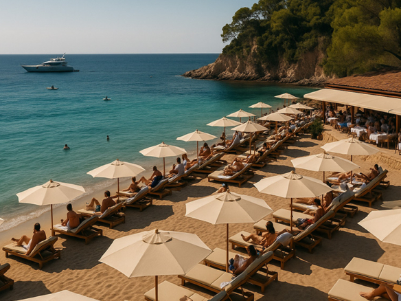 Elegant Mediterranean beach club with cream umbrellas, turquoise waters, yachts offshore, and a chic open-air restaurant backed by pine-covered cliffs.