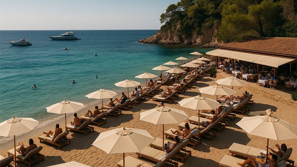 Elegant Mediterranean beach club with cream umbrellas, turquoise waters, yachts offshore, and a chic open-air restaurant backed by pine-covered cliffs.