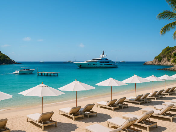 A luxurious tropical beach club scene with soft white sand, striped sun loungers, turquoise waters, and a megayacht anchored offshore bow-to-wind near a wooden swimming platform.