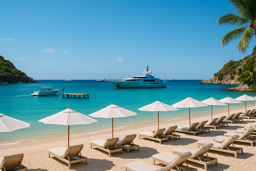 A luxurious tropical beach club scene with soft white sand, striped sun loungers, turquoise waters, and a megayacht anchored offshore bow-to-wind near a wooden swimming platform.