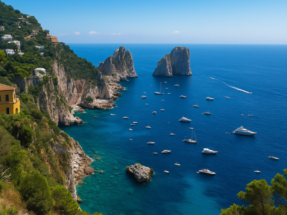 Stunning view of Capri’s coastline with the Faraglioni rock formations, clear turquoise sea, and three luxury vessels: a sleek megayacht, a classic sailing yacht, and a modern catamaran anchored near lush cliffs.