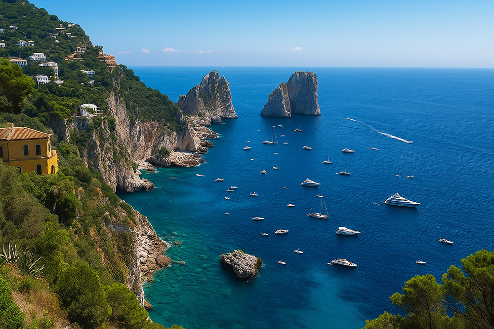 Stunning view of Capri’s coastline with the Faraglioni rock formations, clear turquoise sea, and three luxury vessels: a sleek megayacht, a classic sailing yacht, and a modern catamaran anchored near lush cliffs.