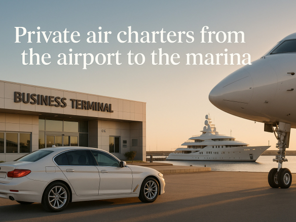 Private jet passengers escorted through a business aviation terminal while luggage is transferred to a chauffeured SUV for a seamless yacht tender pickup.