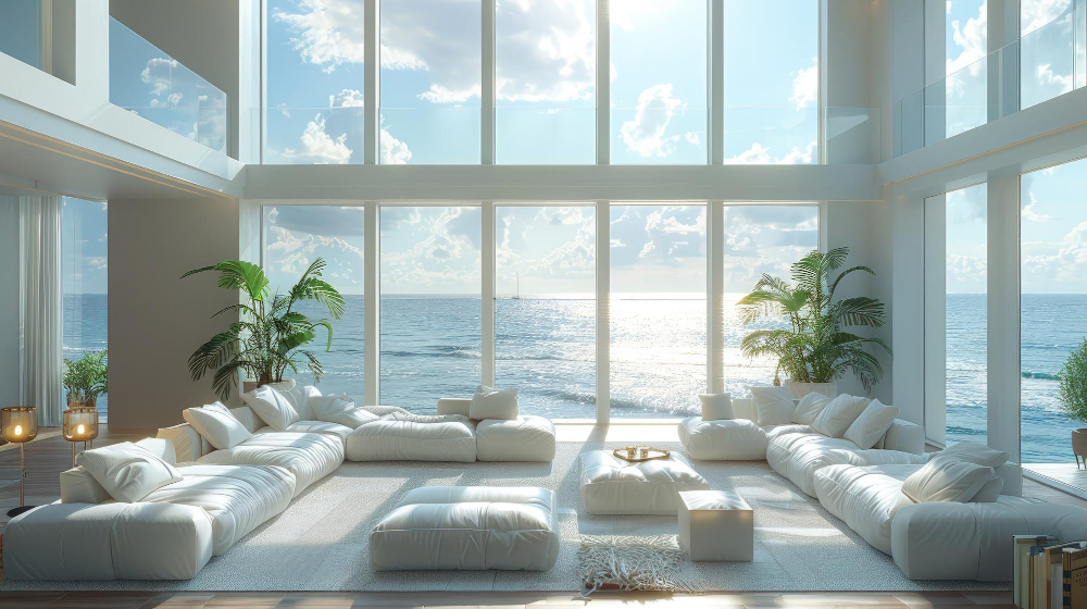 Light-filled coastal living room with expansive sea views, soft seating, and a calm, refined interior atmosphere