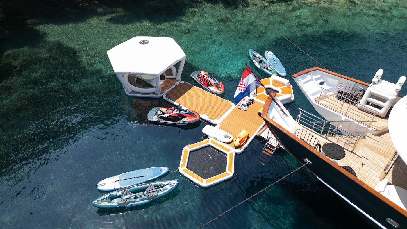 MAIA yacht water toys and floating platform setup in clear Adriatic waters