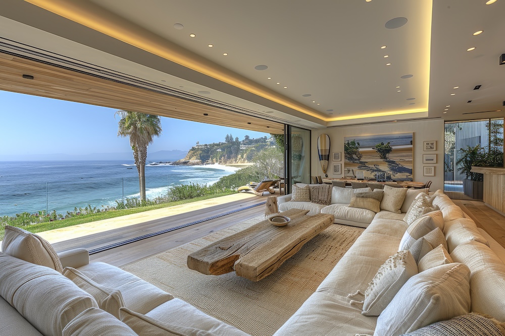 Refined coastal living room opening fully to the sea, featuring natural materials, soft seating, and a calm indoor-outdoor atmosphere