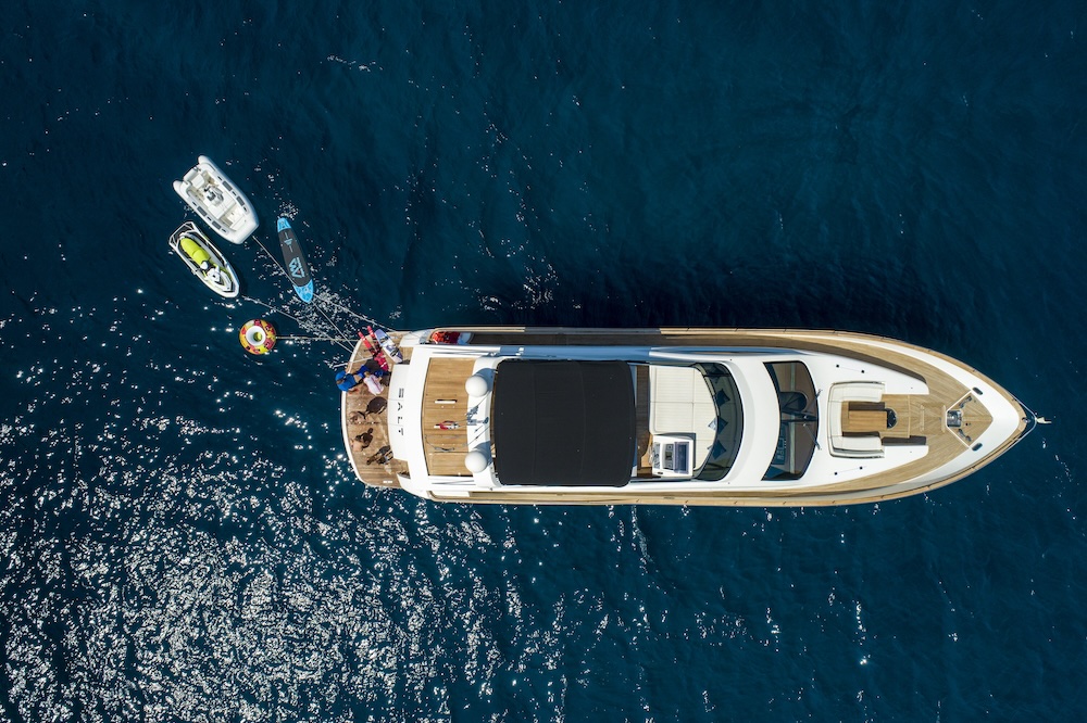 Aerial view of yacht SALT showing full layout and surrounding sea
