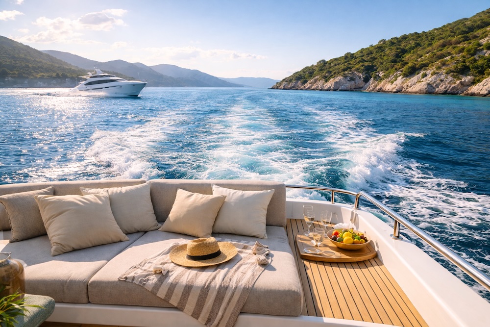 View from the aft deck of a yacht cruising along a calm blue sea, with soft wake lines, coastal hills in the distance, and a relaxed outdoor seating area in the foreground.