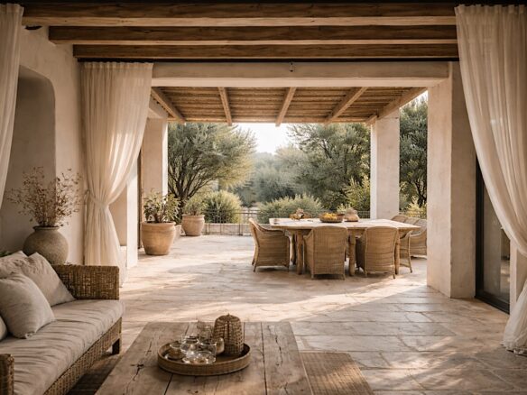 Mediterranean interior opening to a shaded terrace with soft natural light and indoor outdoor flow
