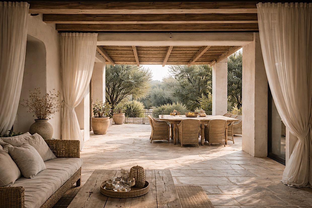 Mediterranean interior opening to a shaded terrace with soft natural light and indoor outdoor flow