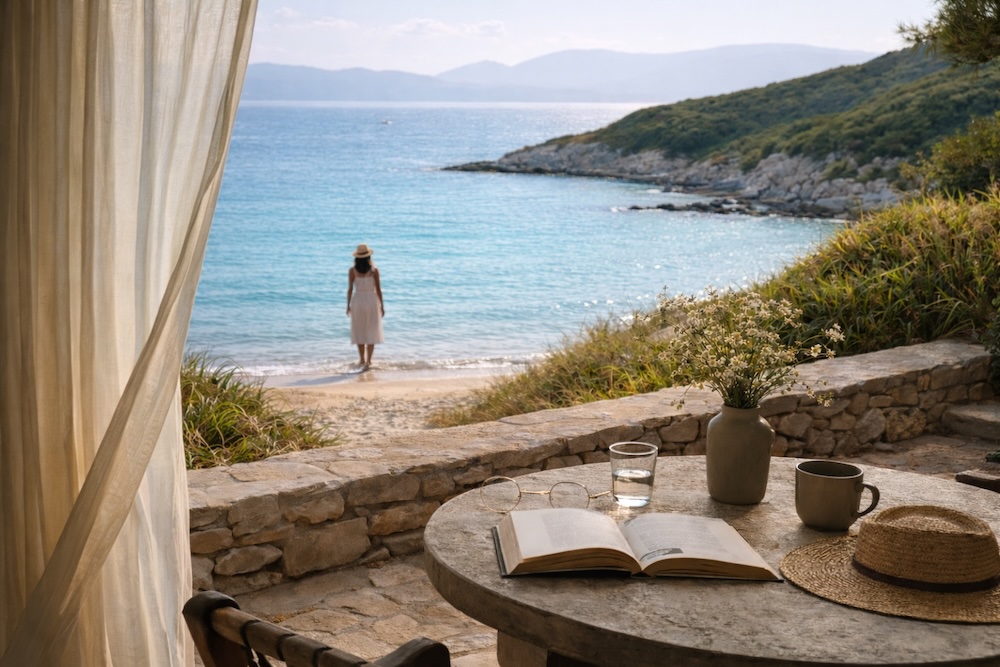 A calm coastal terrace overlooking a clear blue sea, with an open book on a stone table and a woman standing on the beach near the water’s edge in soft morning light.