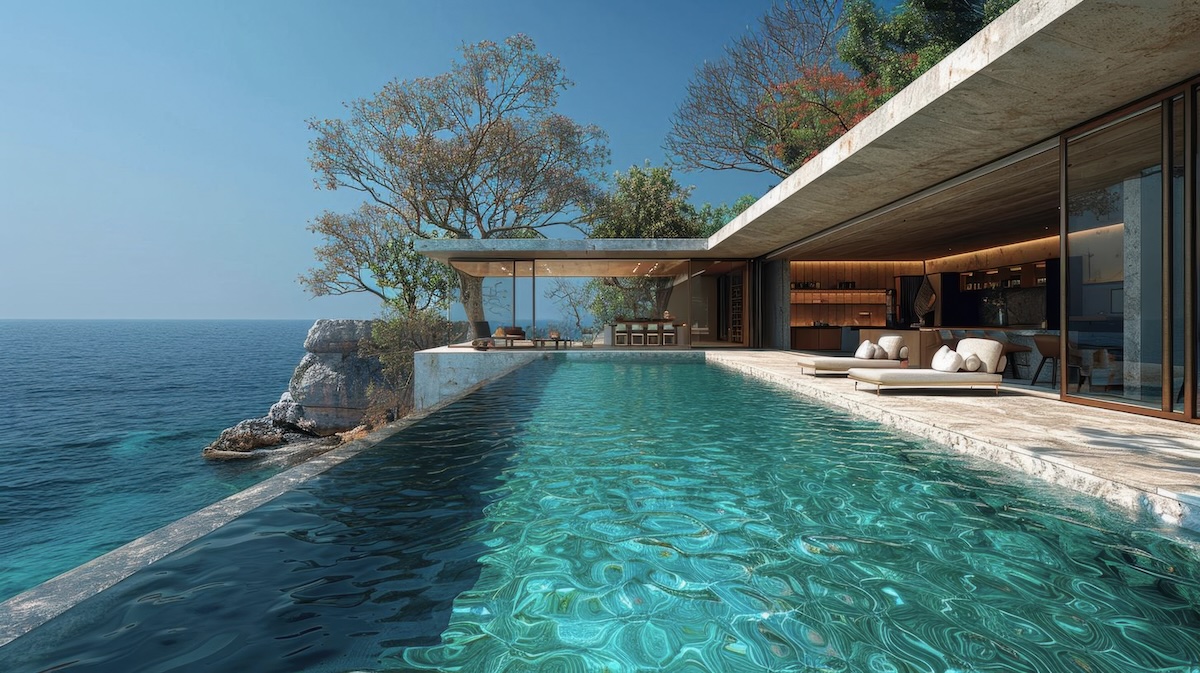 Modern cliffside coastal villa with infinity pool overlooking the open sea and horizon