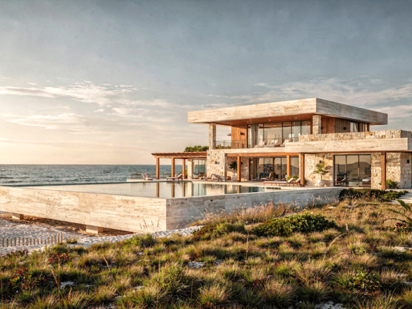 Luxury trophy waterfront residence overlooking the sea at sunrise, illustrating global coastal real estate scarcity and liquidity in 2026.