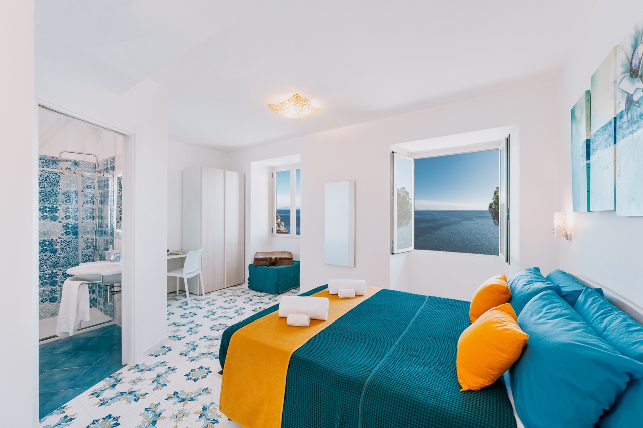 Sea view bedroom interior at Villa Eris Amalfi Coast