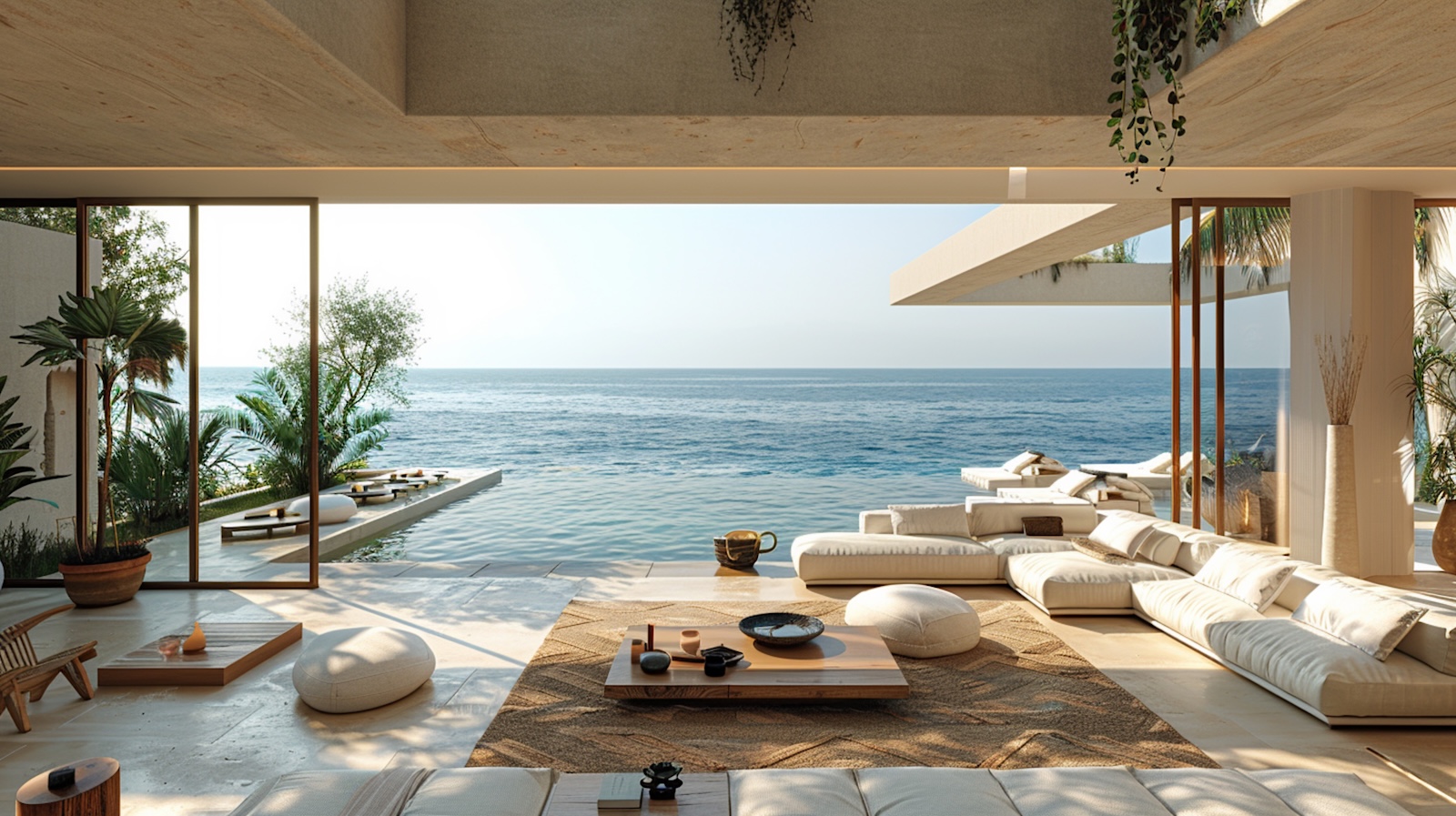 Modern coastal home with open living space and direct sea view terrace in soft natural light