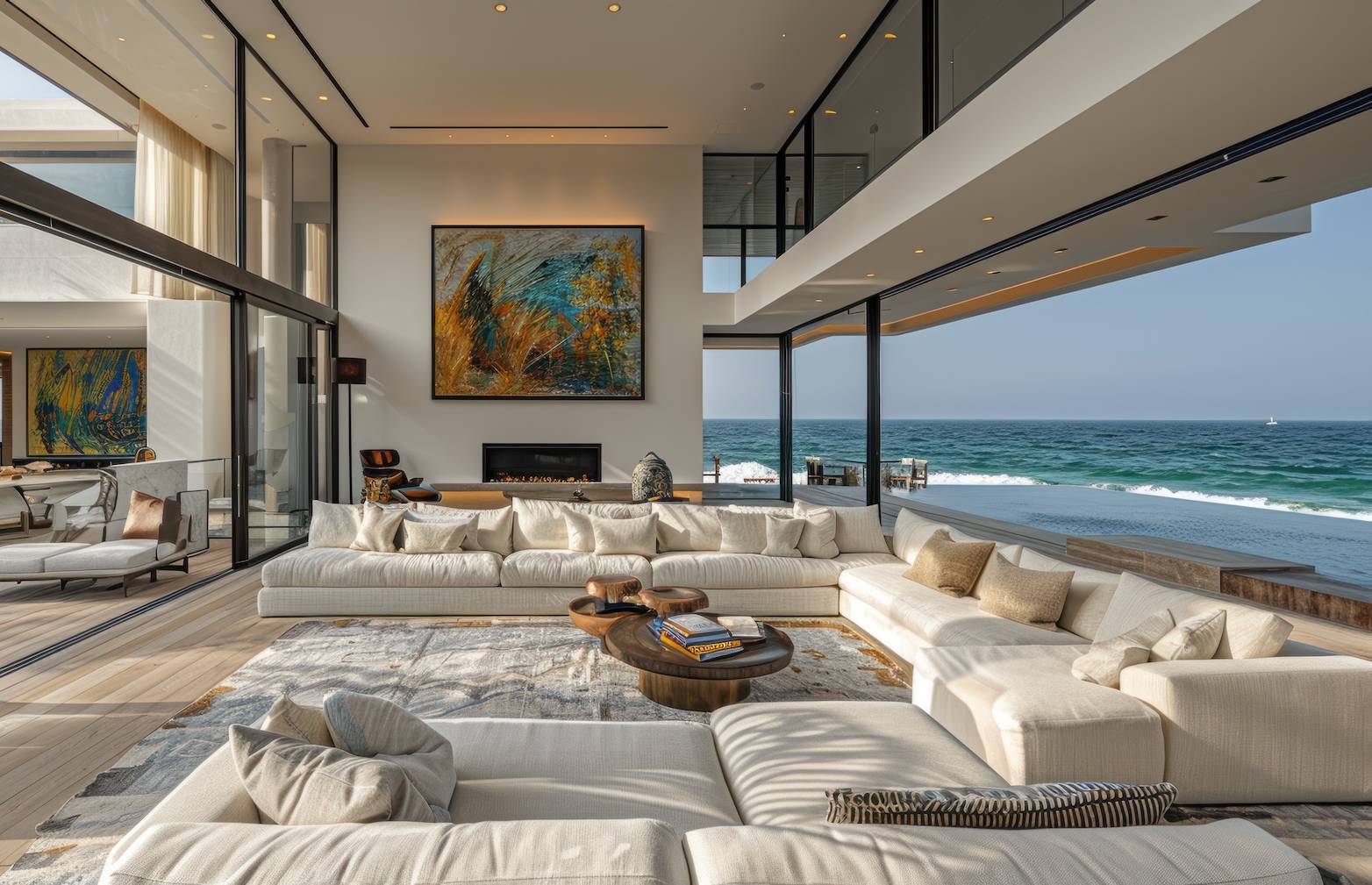 Beautiful coastal villa living room with floor-to-ceiling glass opening to ocean views and infinity pool terrace.
