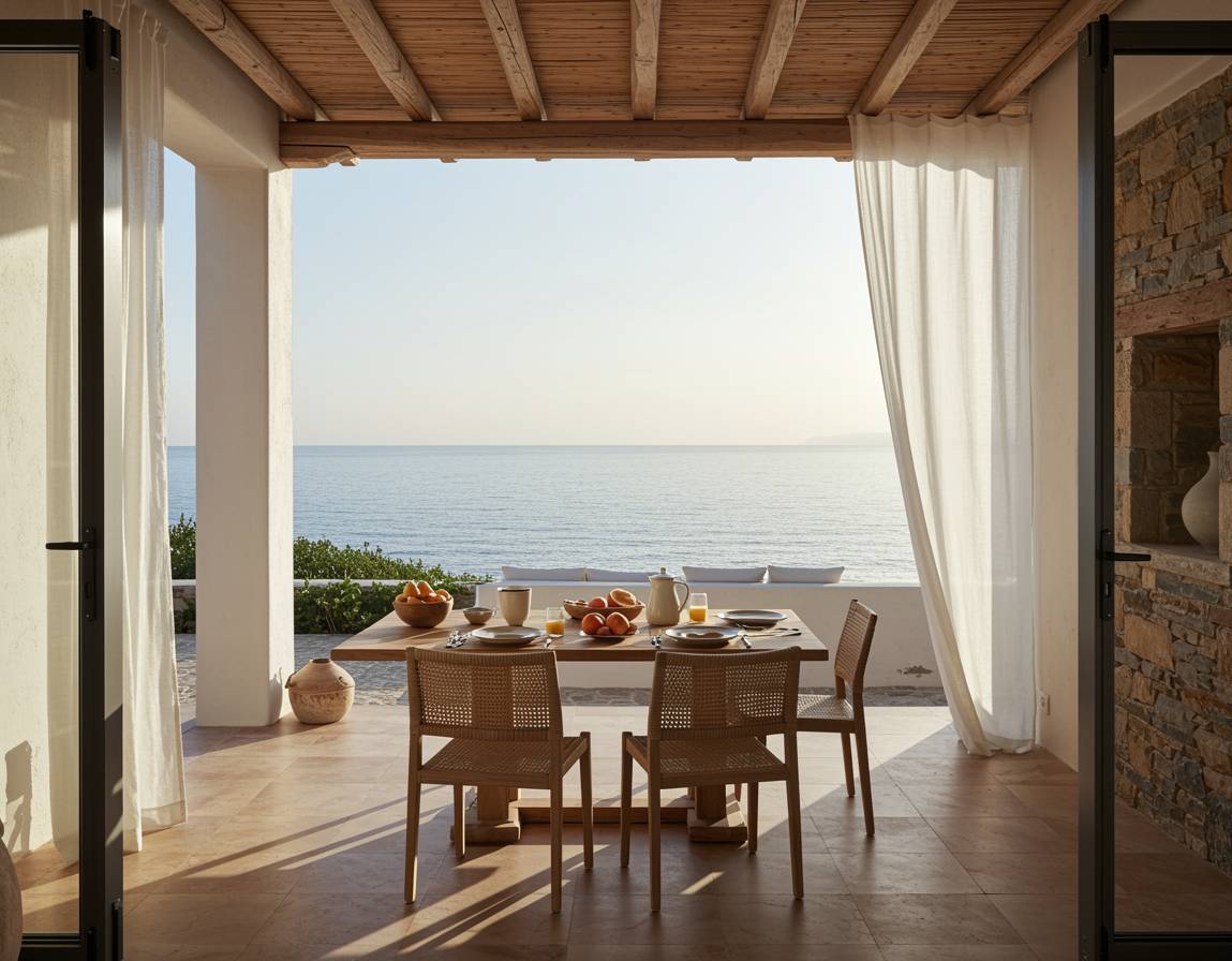 Coastal villa terrace with breakfast table overlooking the sea in soft morning light