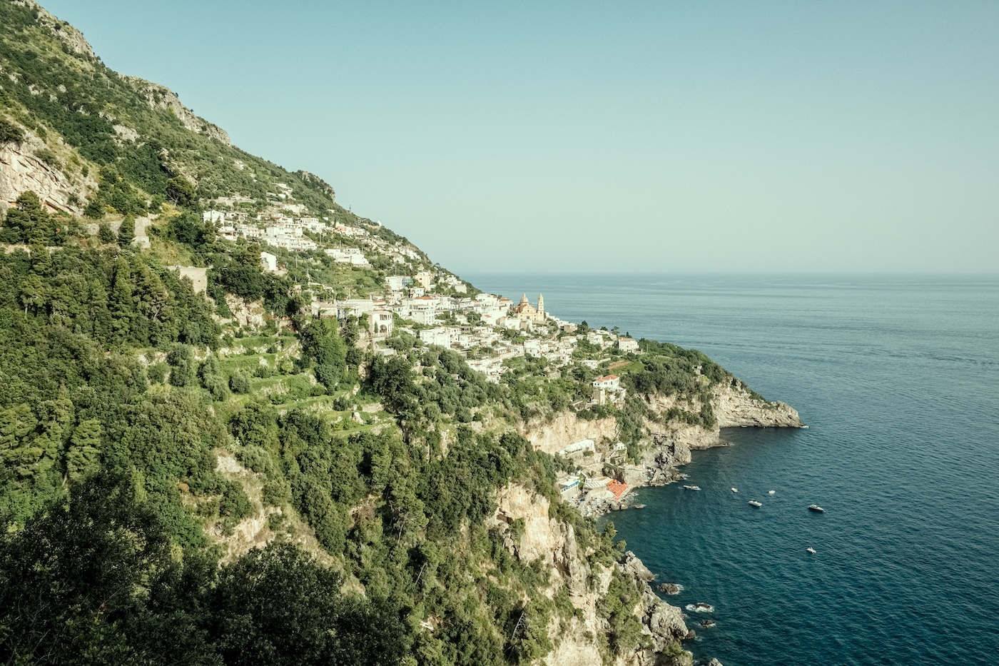 Amalfi Coast Italy terrace view over Mediterranean with soft coastal light