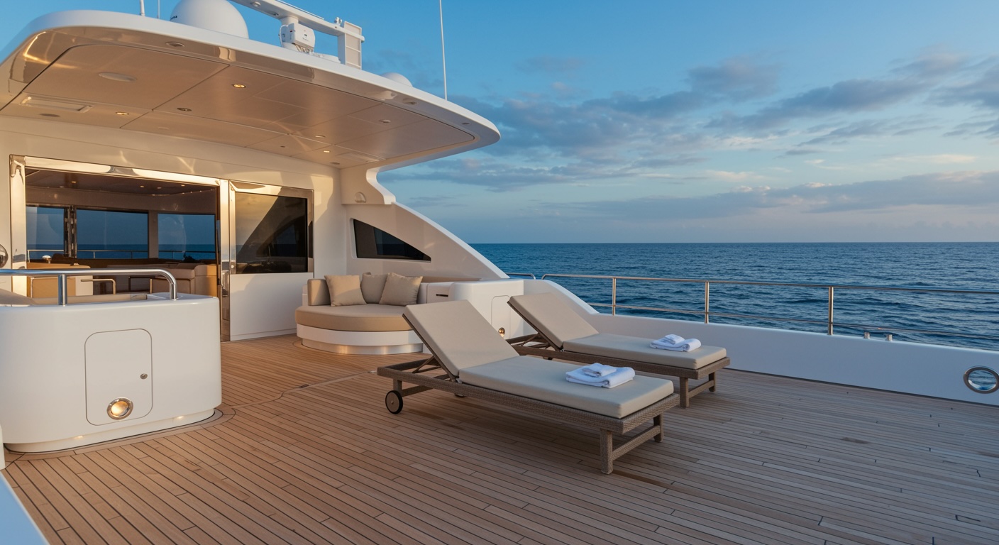 Calm yacht deck with loungers overlooking open sea at sunset