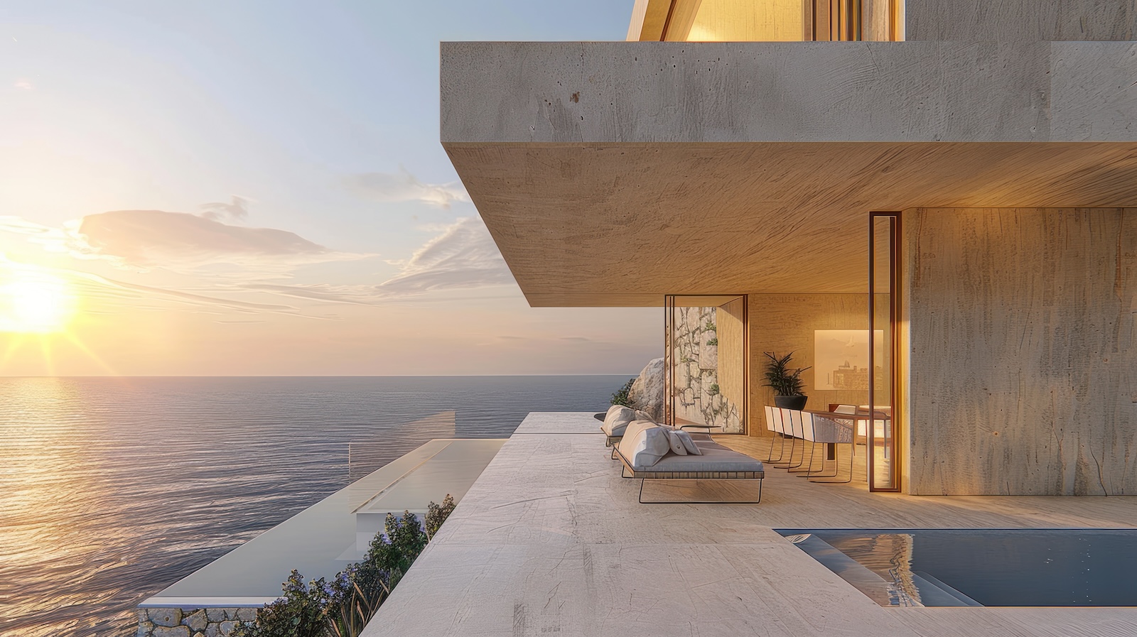 Coastal villa terrace at sunset with ocean view and outdoor lounge area