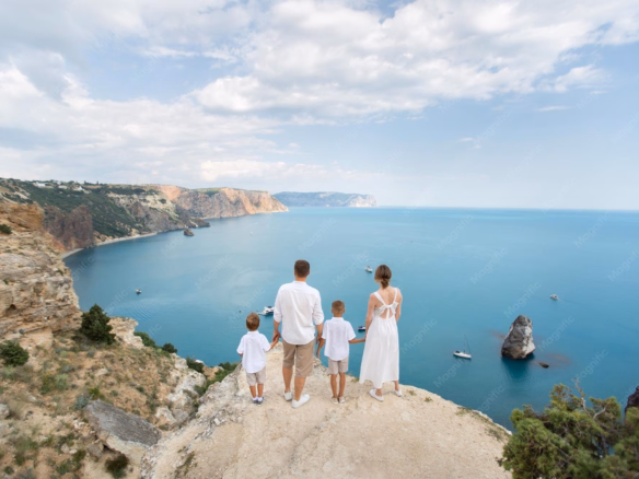 Family enjoying a calm coastal vacation overlooking the ocean