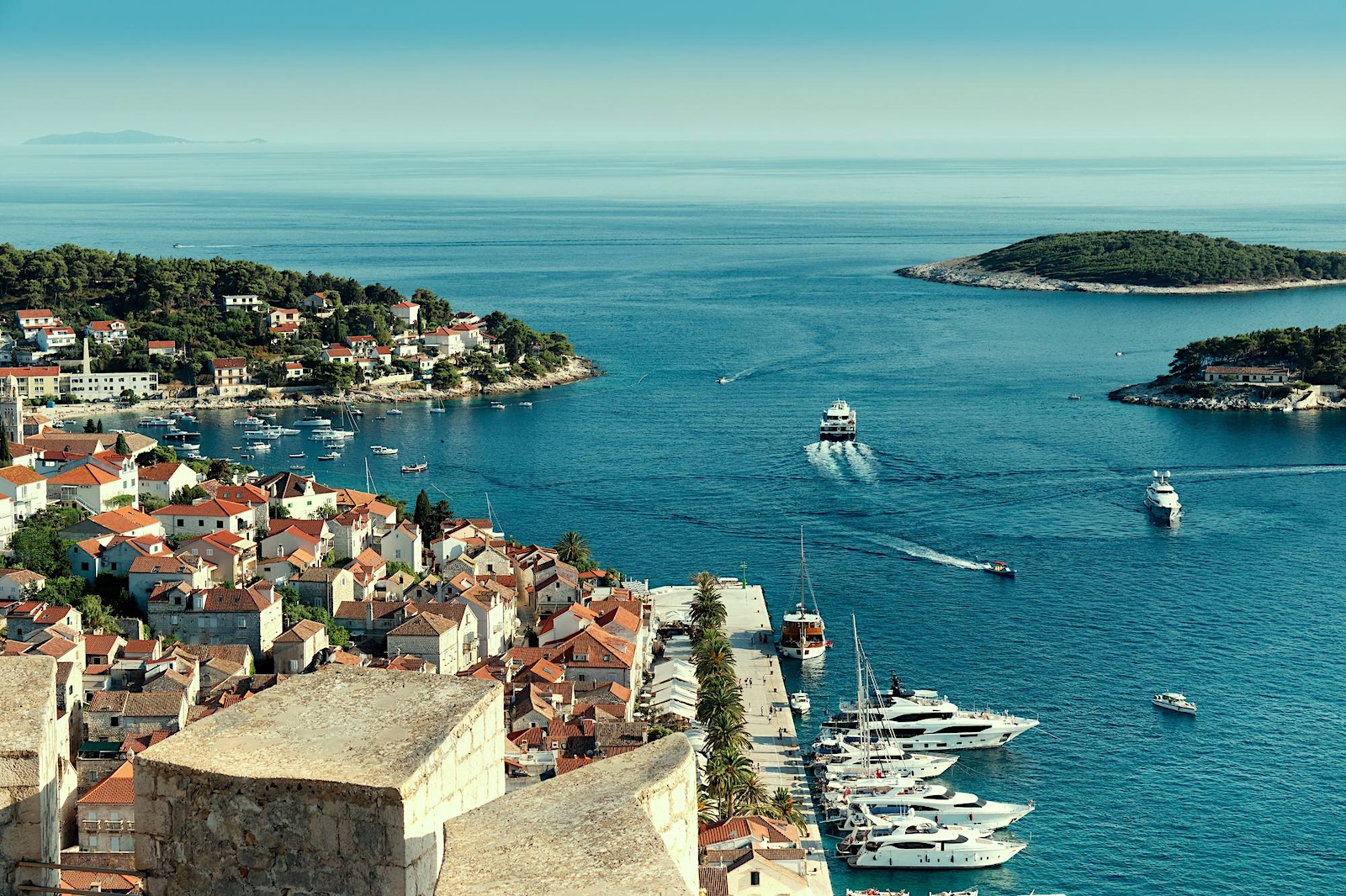 Harbor town along Croatia’s Dalmatian Coast viewed from above