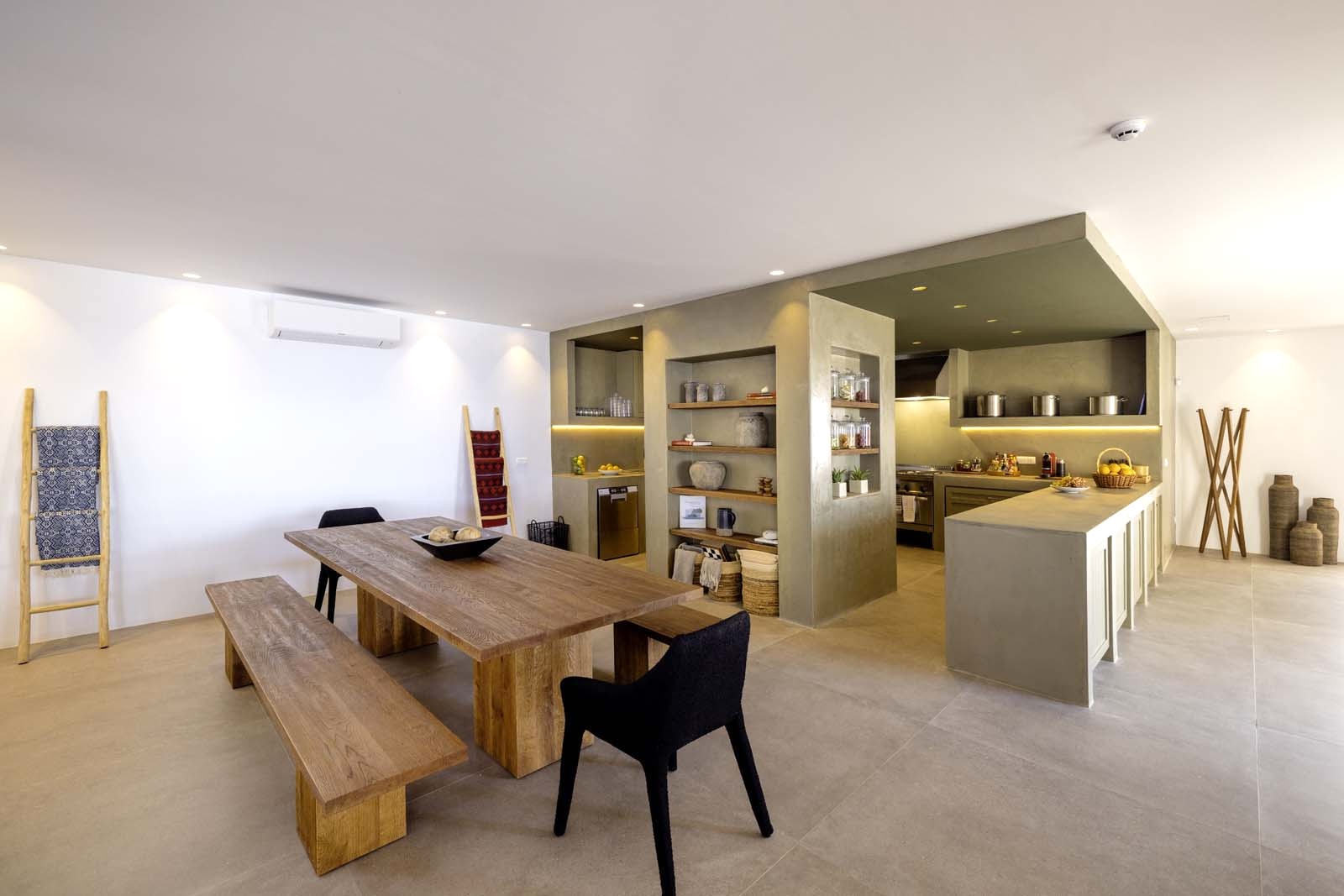 Minimalist kitchen and dining interior at Beach House Arvi East in Crete