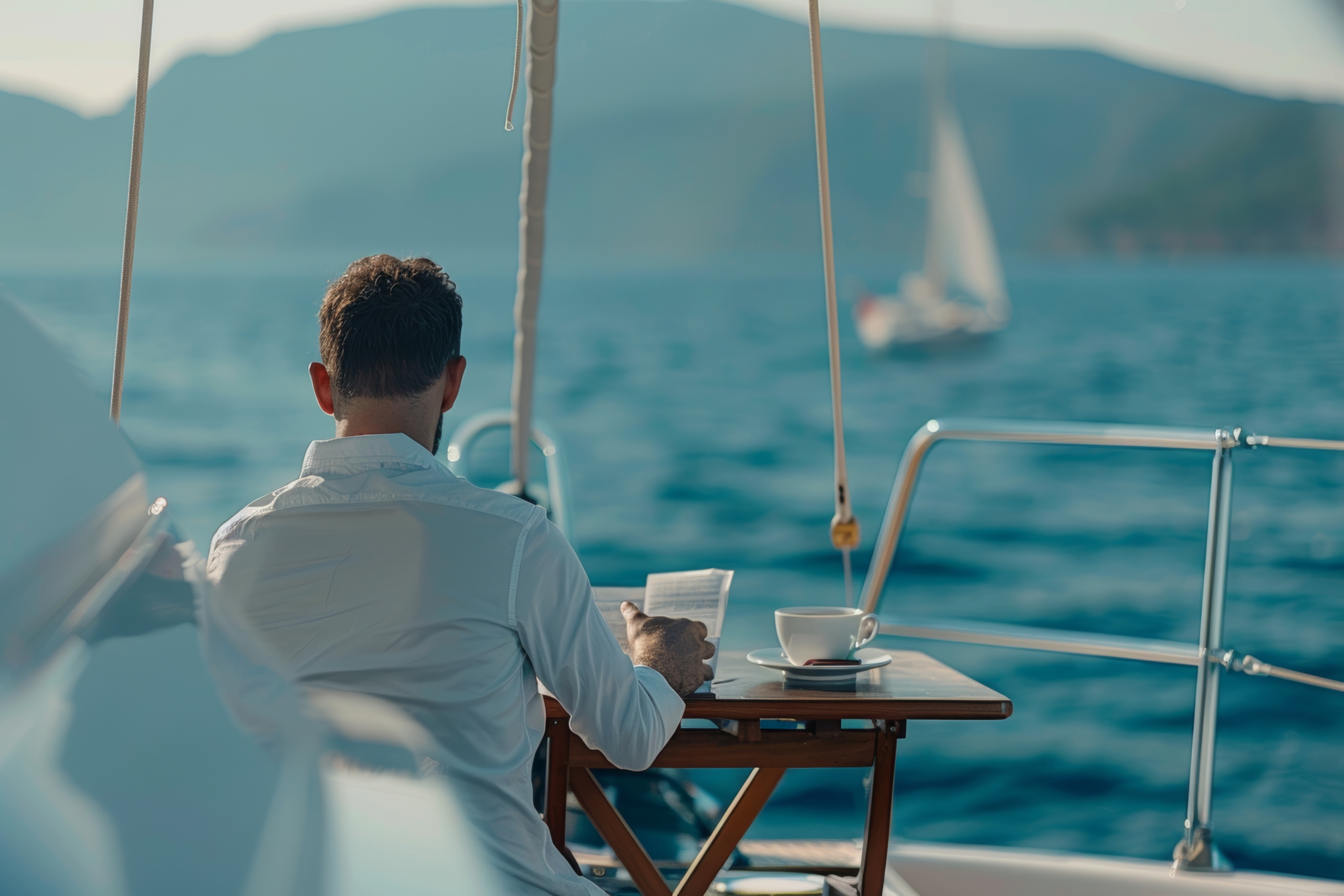 Quiet morning aboard a yacht on the Adriatic Sea with coffee and ocean views
