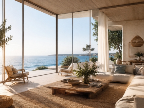 Coastal living room filled with natural light overlooking the sea