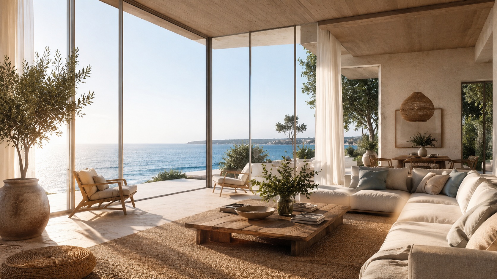 Coastal living room filled with natural light overlooking the sea