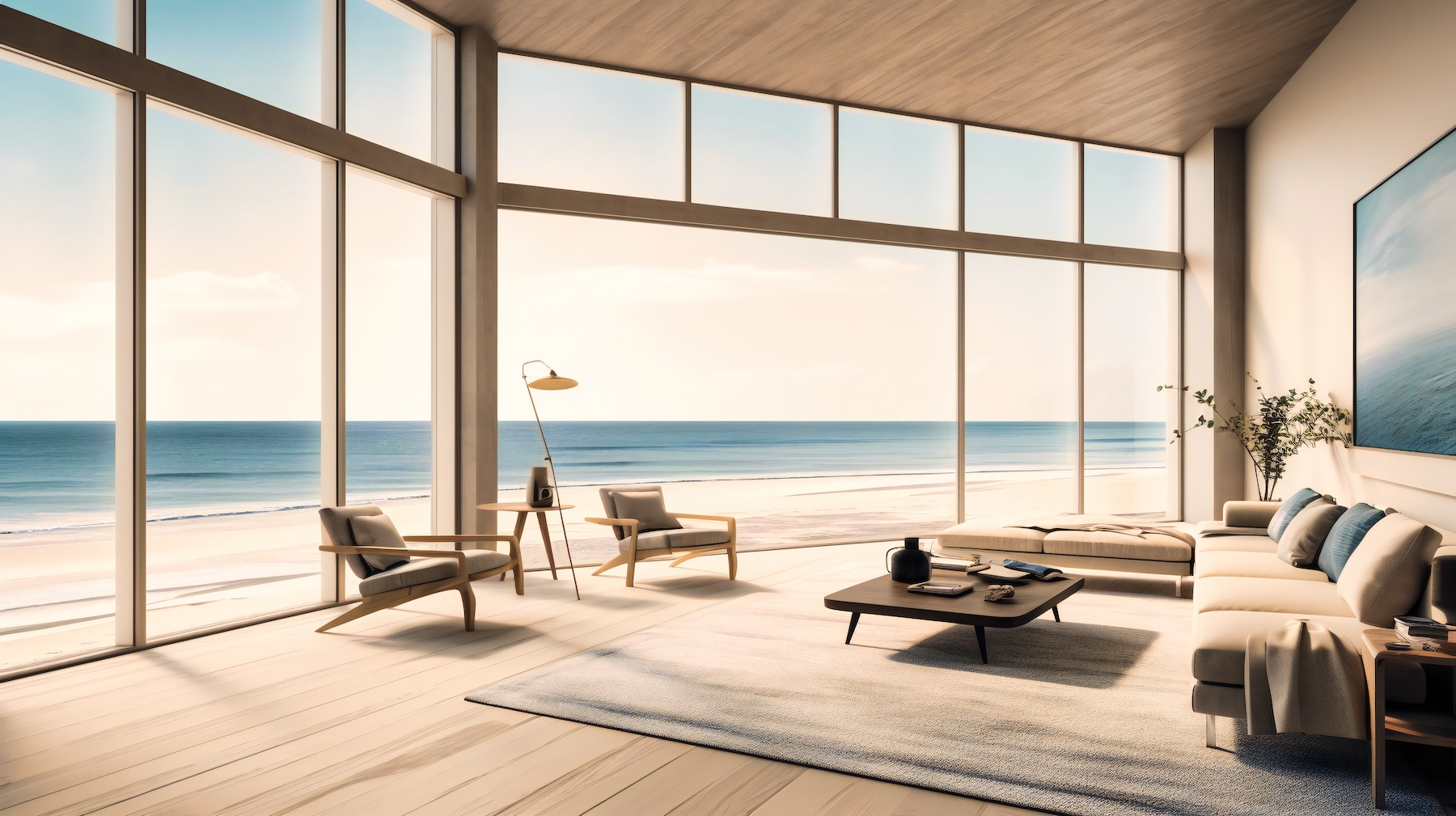 Coastal living room with floor-to-ceiling windows overlooking the ocean