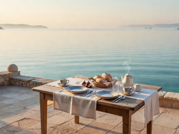 Breakfast overlooking the sea from a peaceful coastal villa terrace.