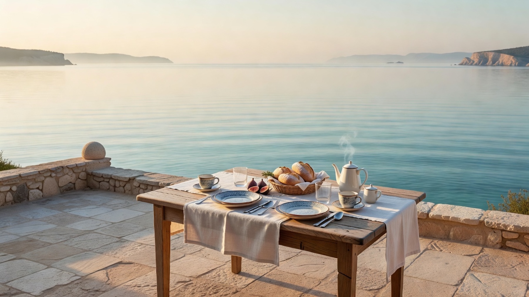 Breakfast overlooking the sea from a peaceful coastal villa terrace.