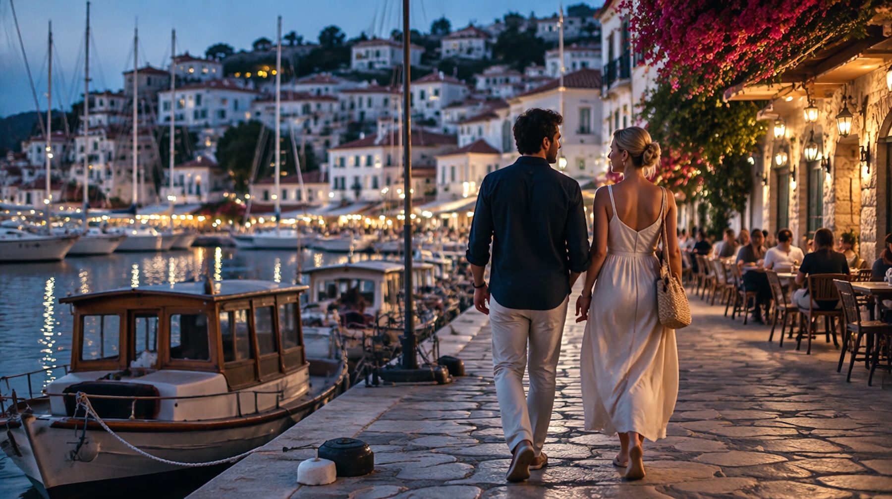 Couple enjoying an evening walk along a Mediterranean harbour lined with cafés and sailing yachts.