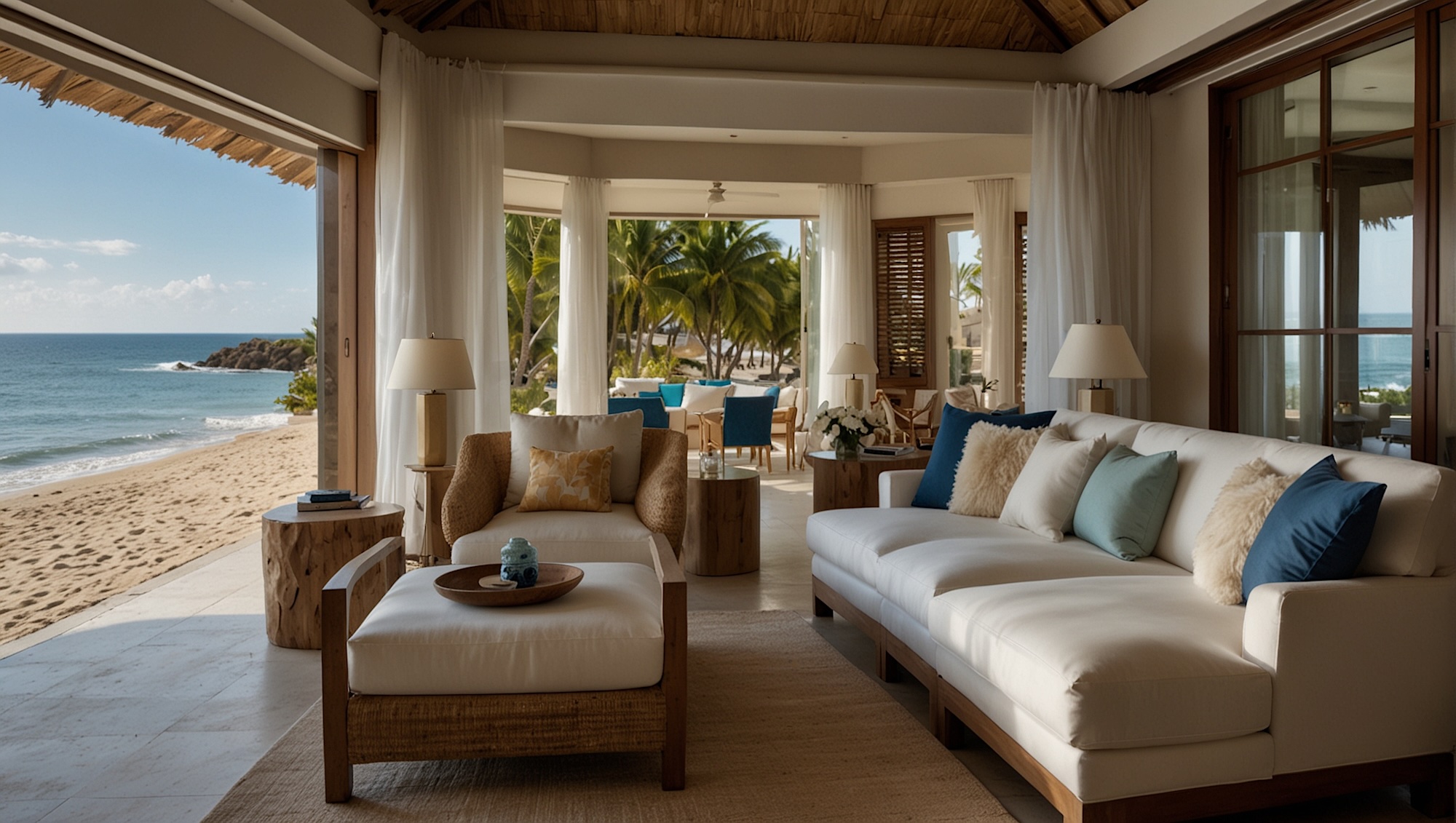 Open-air beachfront villa living room overlooking a sandy beach and the Caribbean Sea.