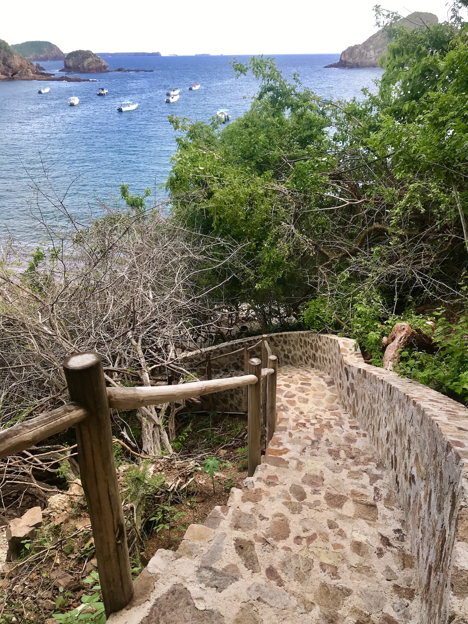 Stone pathway descending through tropical vegetation from Casa Torre towards the coast at Playa Rosa in Careyes, Mexico.