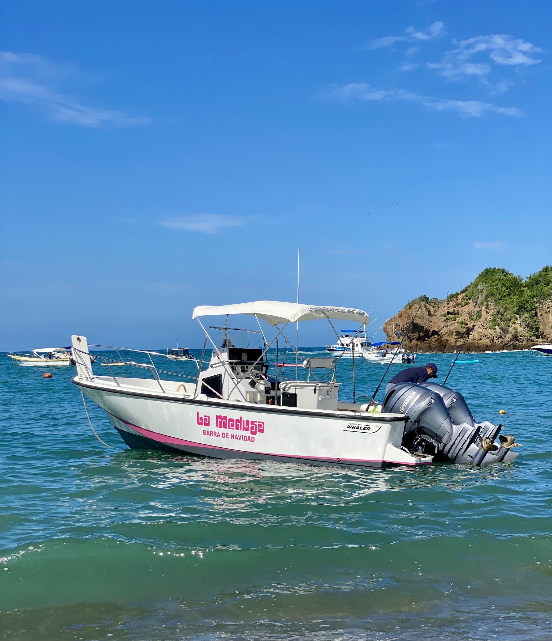 Casa Torre’s Boston Whaler boat on the water in Careyes, Mexico.