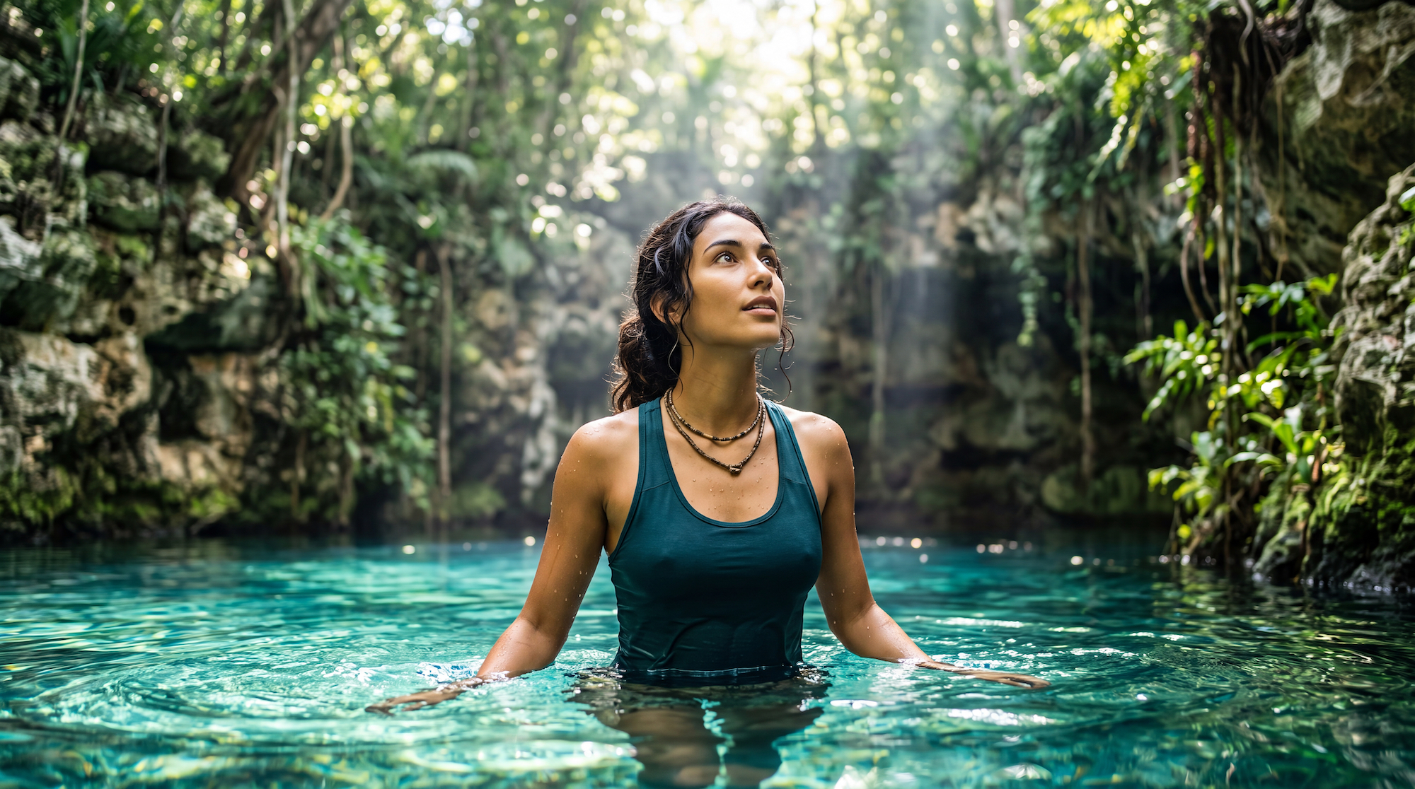 Woman swimming in a tropical cenote surrounded by limestone walls and lush vegetation.