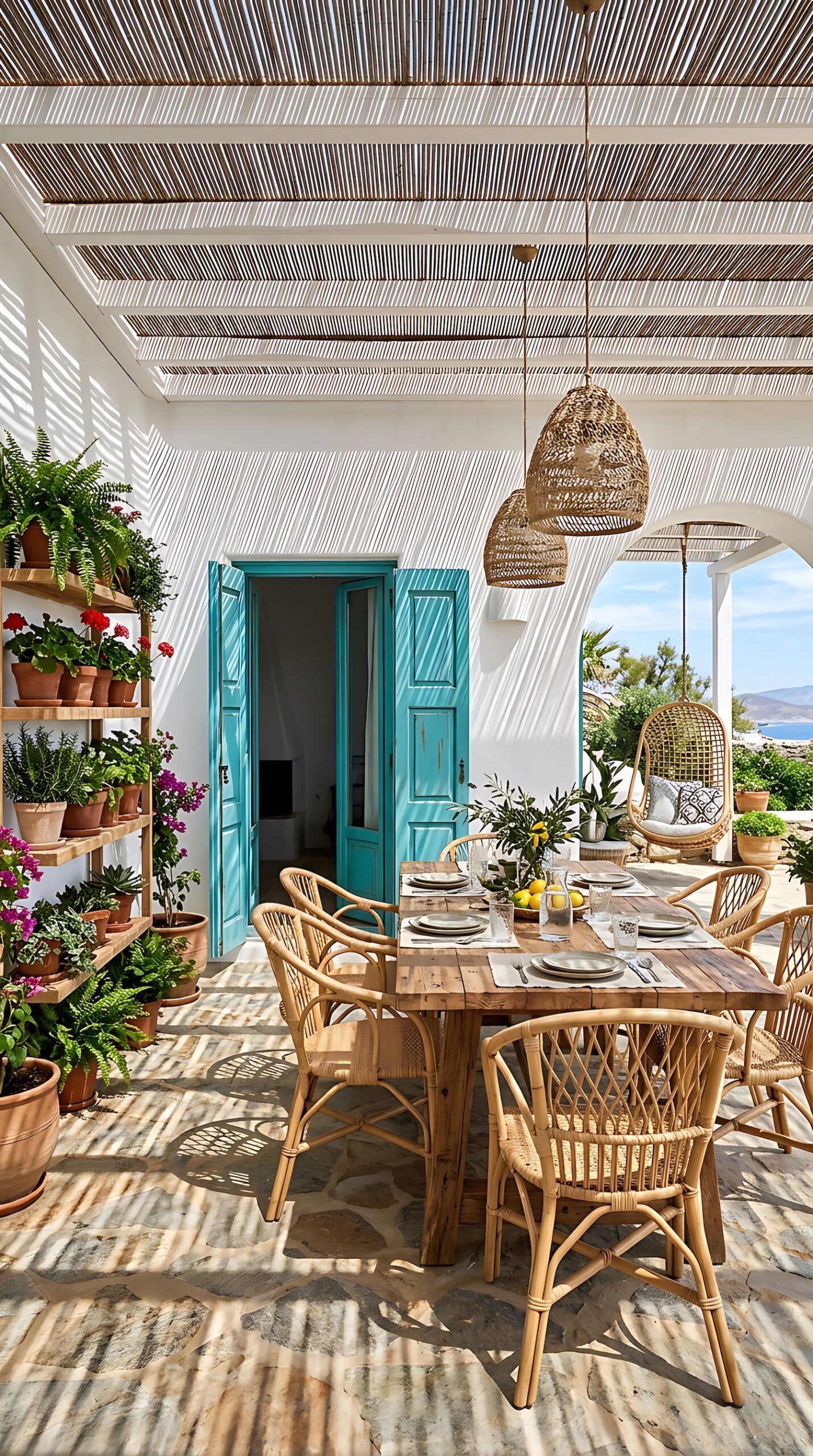 Shaded Mediterranean terrace with a wooden dining table, rattan chairs, potted plants and a glimpse of the sea in Ibiza.