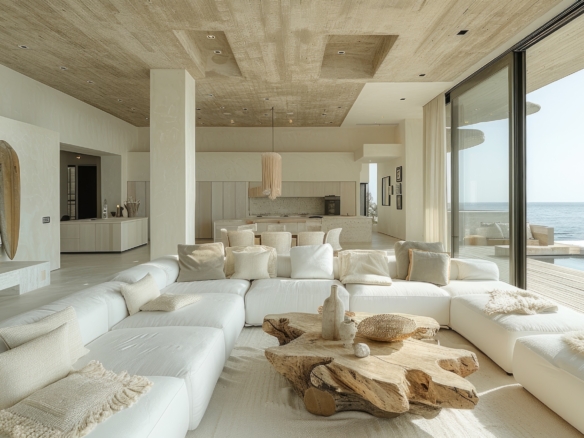 Open-plan coastal living room with natural materials, connected dining and kitchen areas, and expansive ocean views