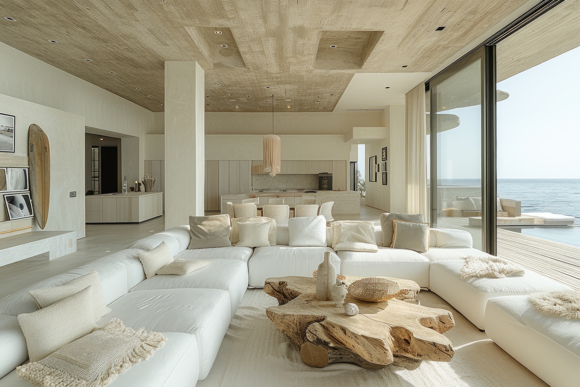 Open-plan coastal living room with natural materials, connected dining and kitchen areas, and expansive ocean views