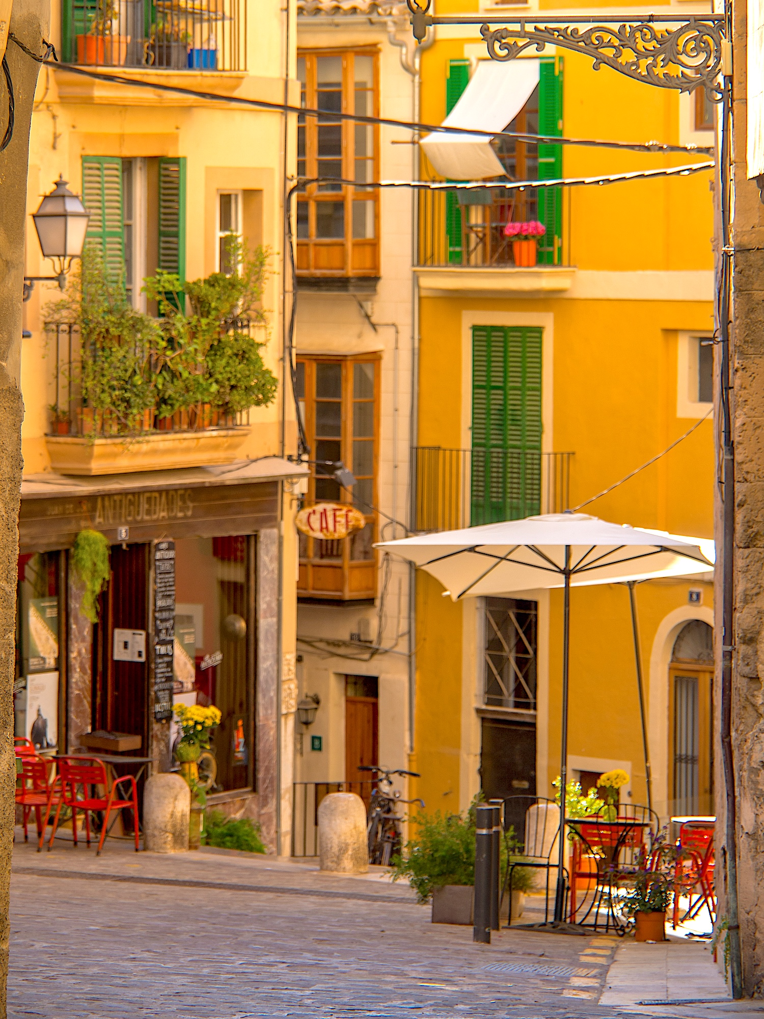 Historic street with café and traditional architecture in Palma de Mallorca