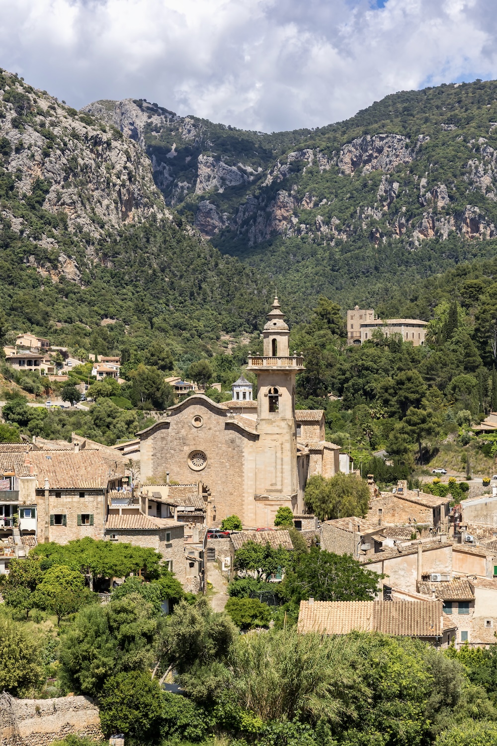 Valldemossa village surrounded by the Serra de Tramuntana mountains in Mallorca