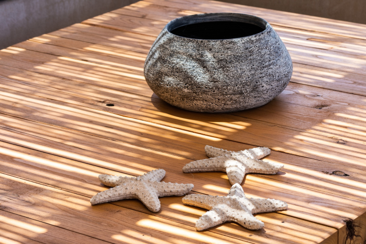 Textured ceramic vessel and starfish on a timber table in patterned sunlight